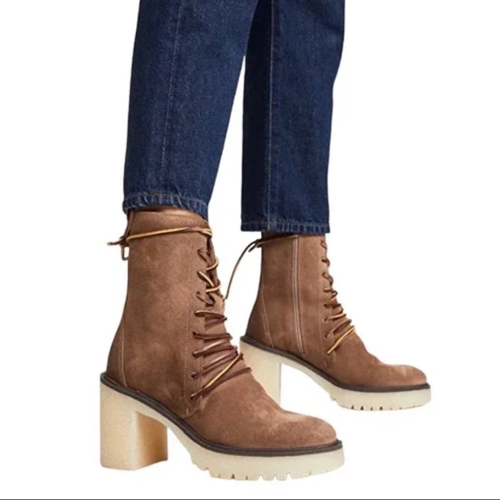 Free People Tan Dylan Lace-Up Boots with Chunky Gum Heel